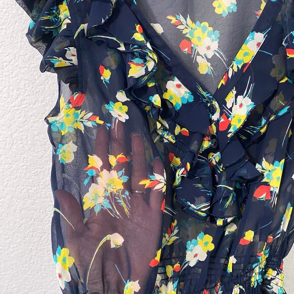 Vtg Forever 21 Blouse Top Womens Size M Sheer Floral Navy Flutter Sleeve Peplum - Picture 3 of 9